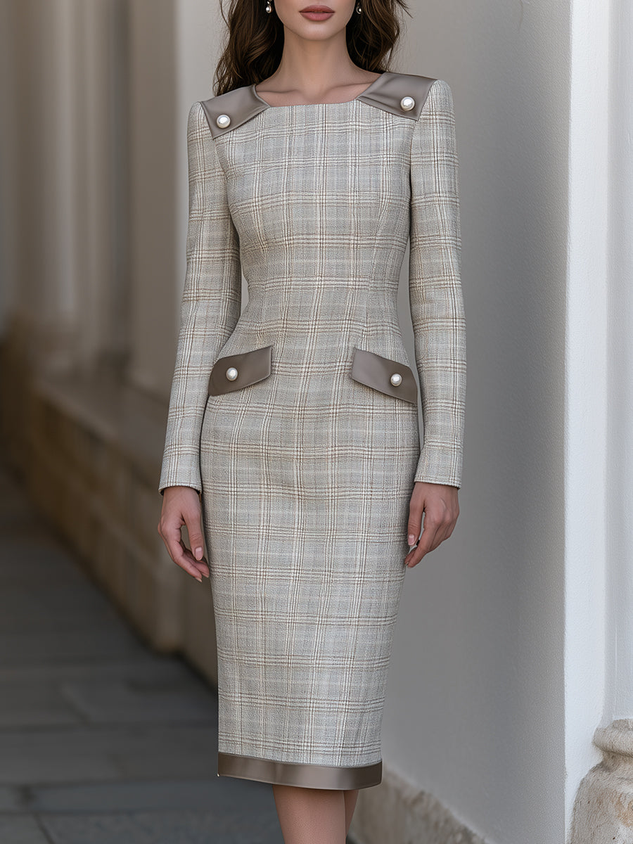 Plaid Sheath Midi Dress with Contrast Trim