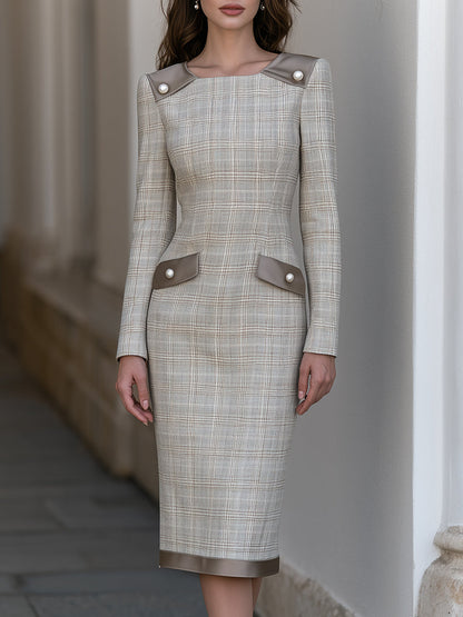 Plaid Sheath Midi Dress with Contrast Trim
