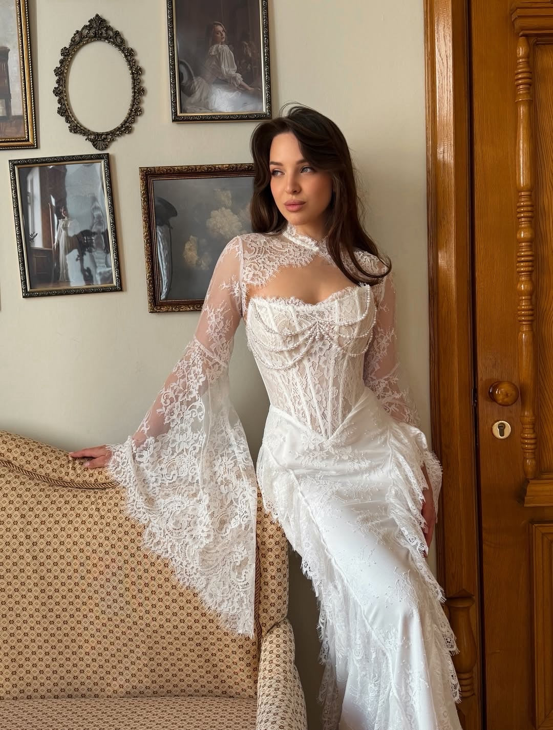 Lace Corset Mermaid Wedding Dress with Bell Sleeves
