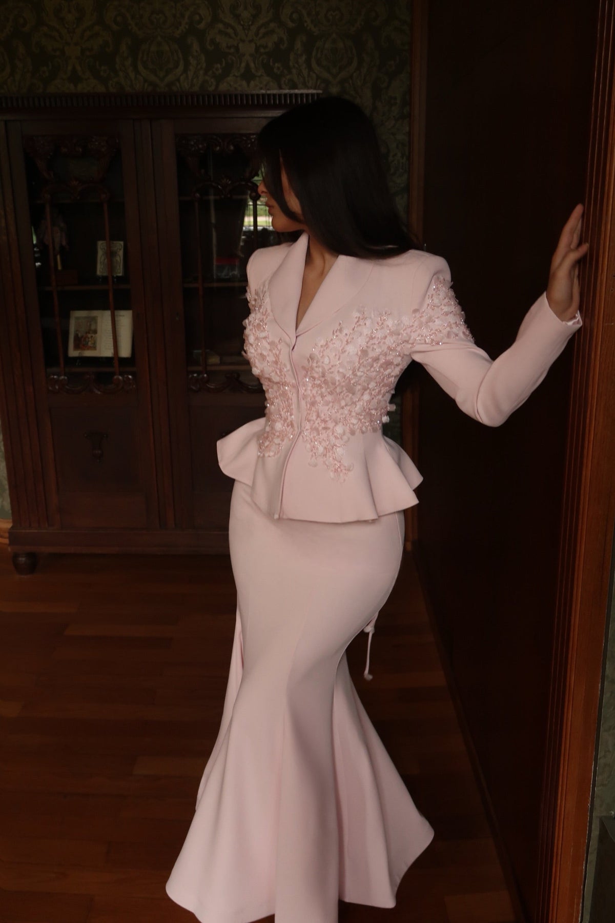 Embellished Peplum Jacket and Mermaid Skirt Set
