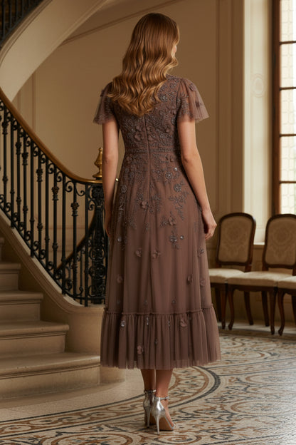 3D Floral Embroidered Tulle Midi Dress