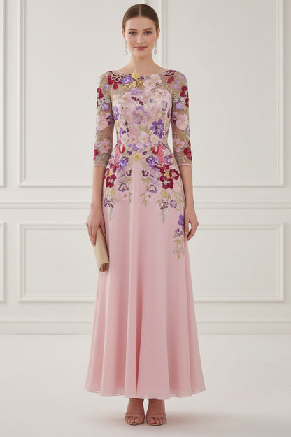 Pink Floral Embroidered Chiffon A-Line Mother of the Bride Dress with Illusion Sleeves