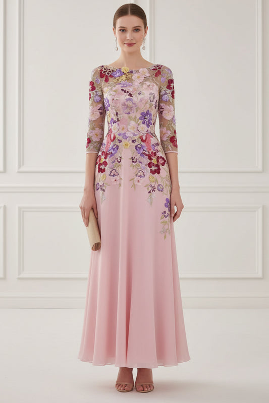 Pink Floral Embroidered Chiffon A-Line Mother of the Bride Dress with Illusion Sleeves