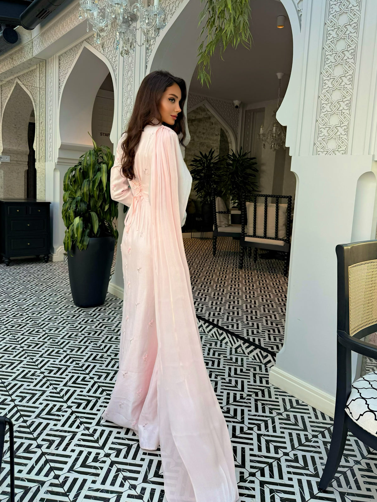 High Neck Long Sleeve Gown with Cape & Corset Back