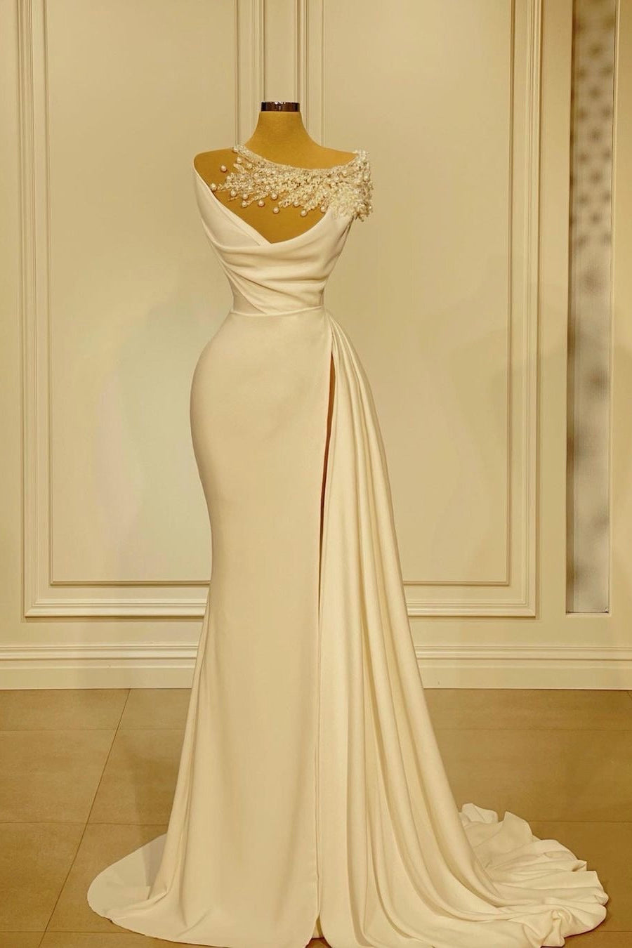 Pearl-Embellished Asymmetrical Mermaid Gown