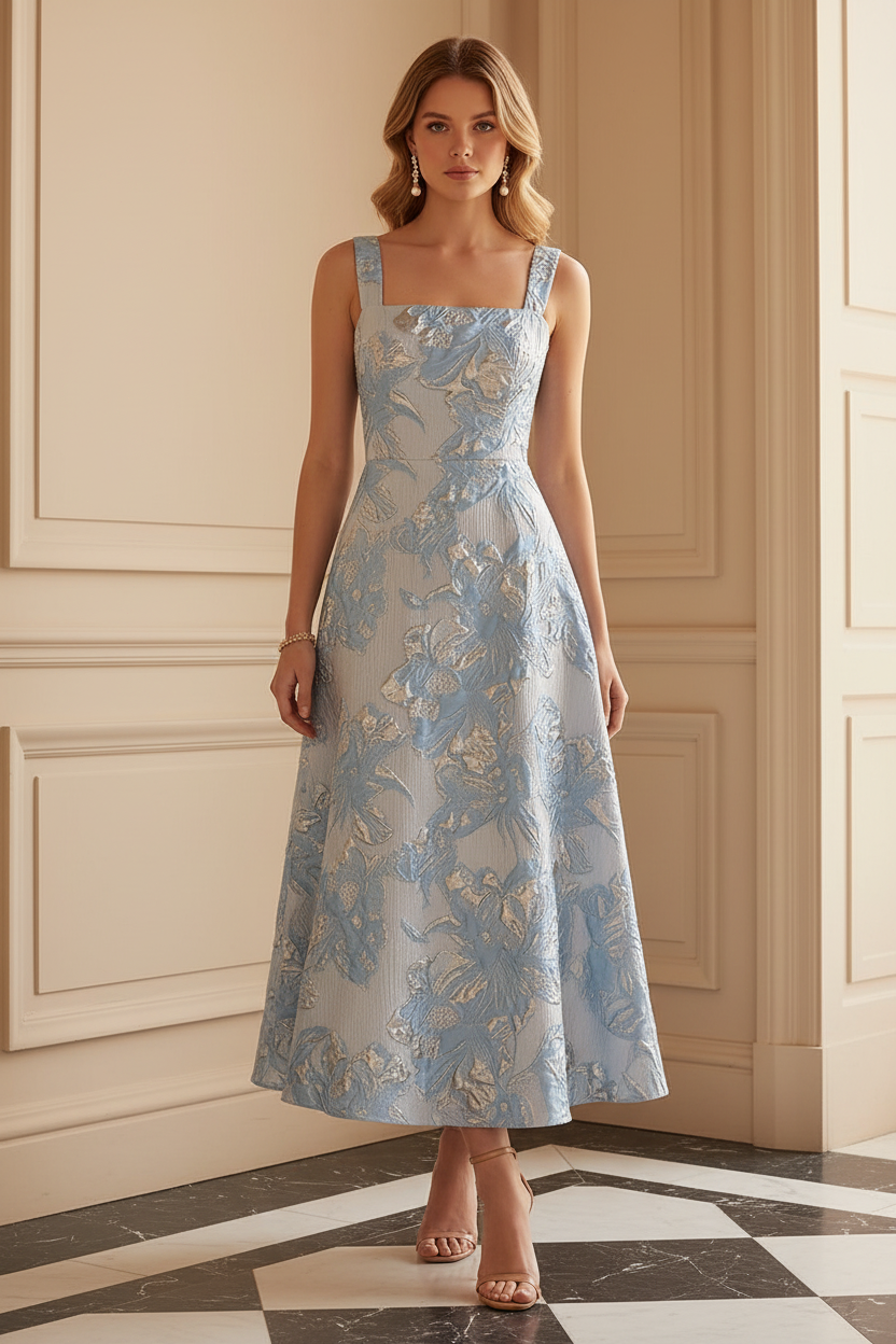 Floral Metallic Jacquard Square Neck A-Line Dress