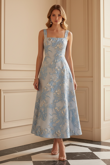 Floral Metallic Jacquard Square Neck A-Line Dress