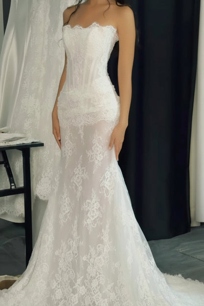Strapless Scalloped Lace Mermaid Wedding Gown
