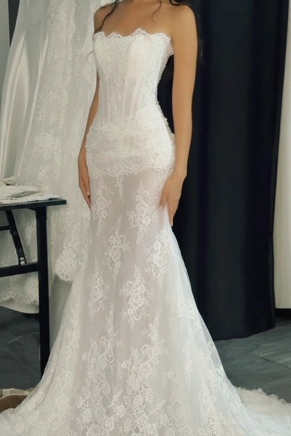 Strapless Scalloped Lace Mermaid Wedding Gown