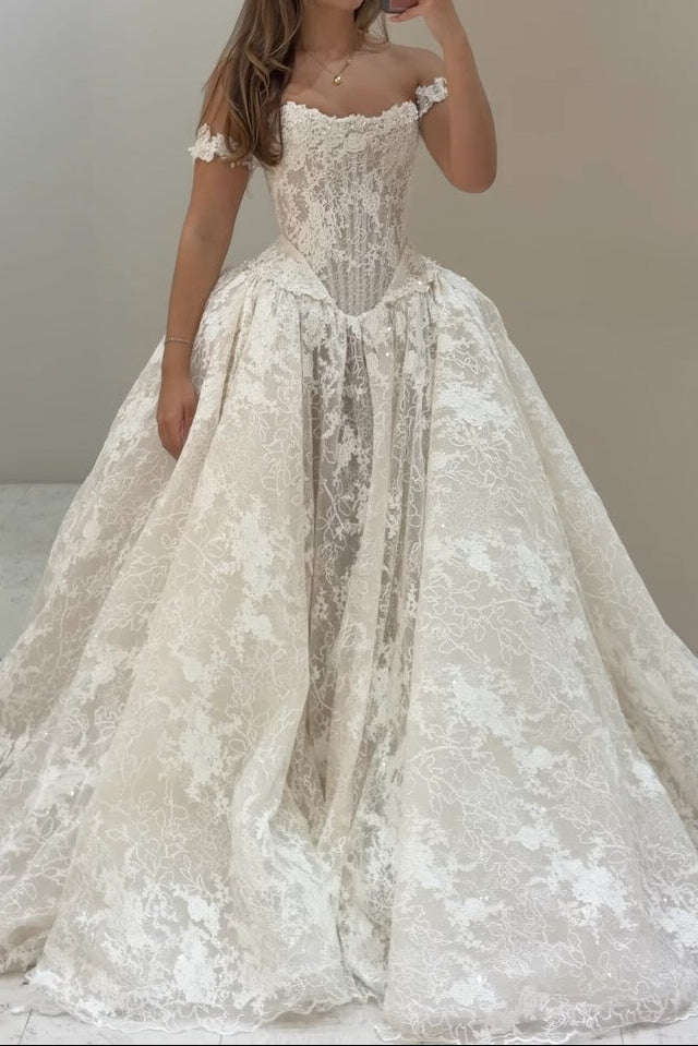 Off-Shoulder Lace Ball Gown Wedding Dress