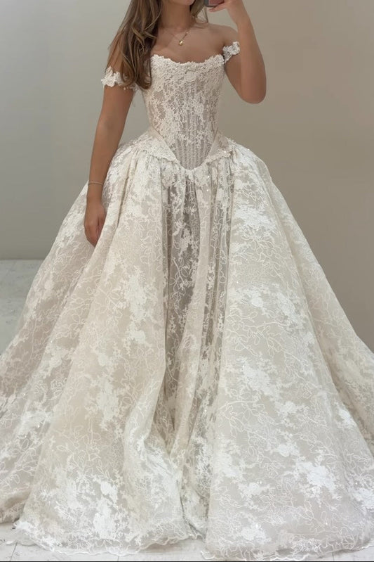 Off-Shoulder Lace Ball Gown Wedding Dress