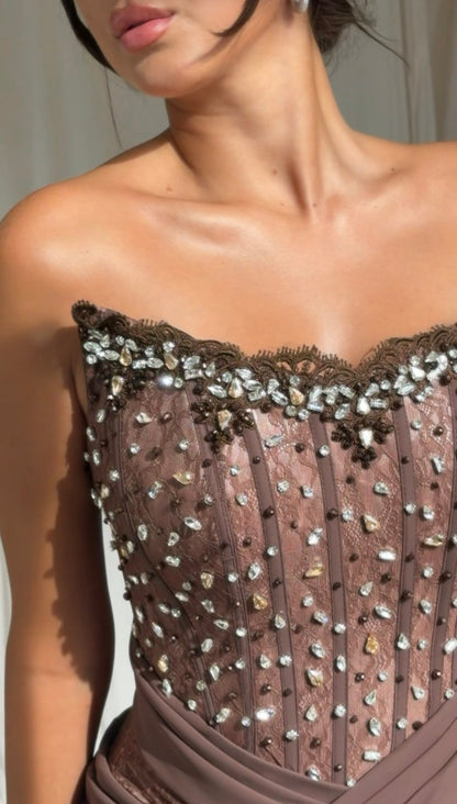 Strapless Beaded Corset Gown with Draped Slit Skirt