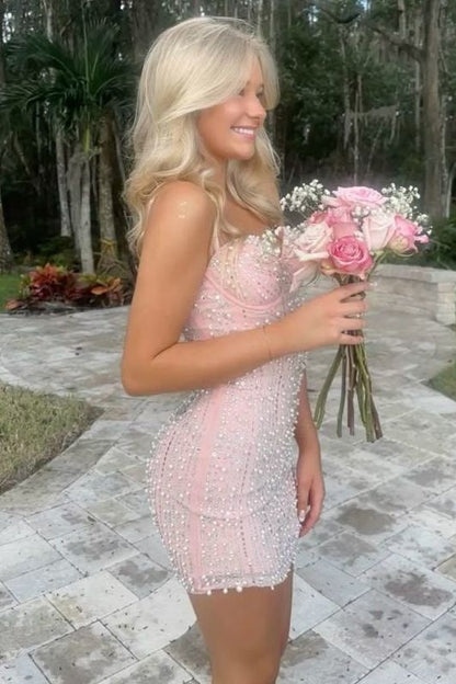 Beaded Pearl Corset Bodycon Homecoming Dress