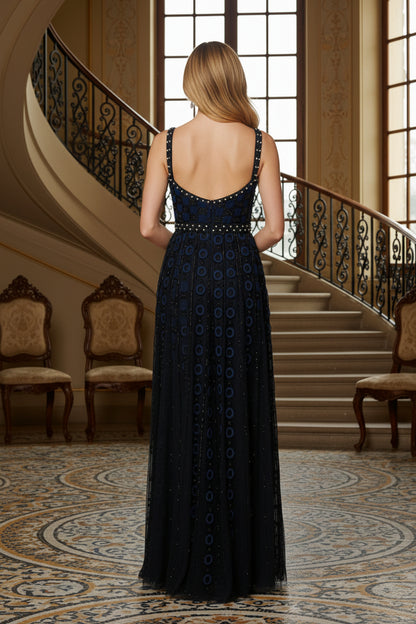 Square Neck Geometric Beaded Evening Gown