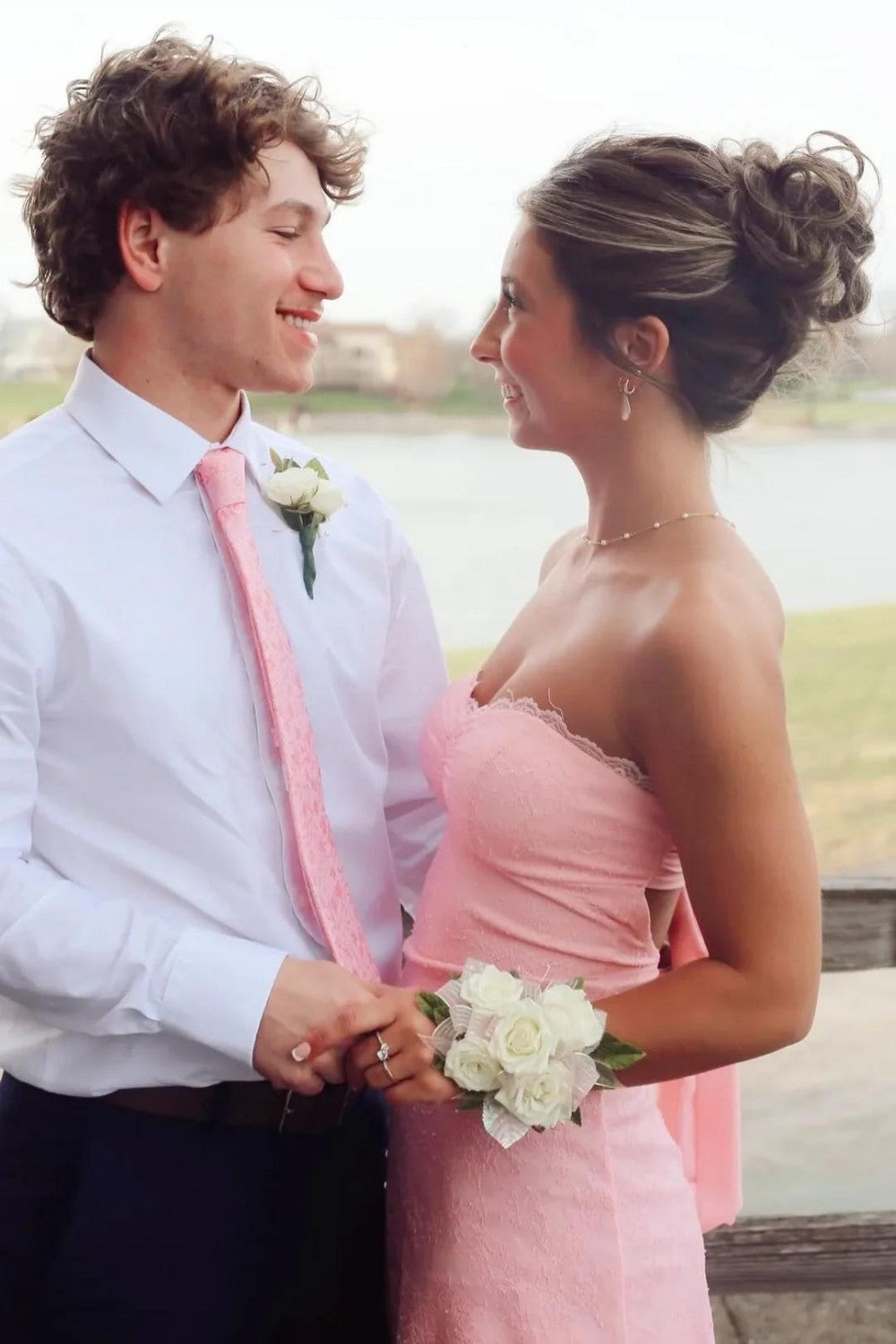 Strapless Sweetheart Lace-Trim Mini Dress with Tie Back
