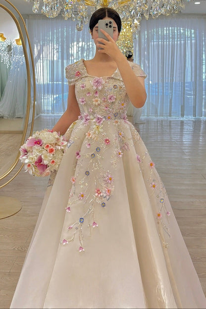 Romantic 3D Flower Cap Sleeve Ball Gown