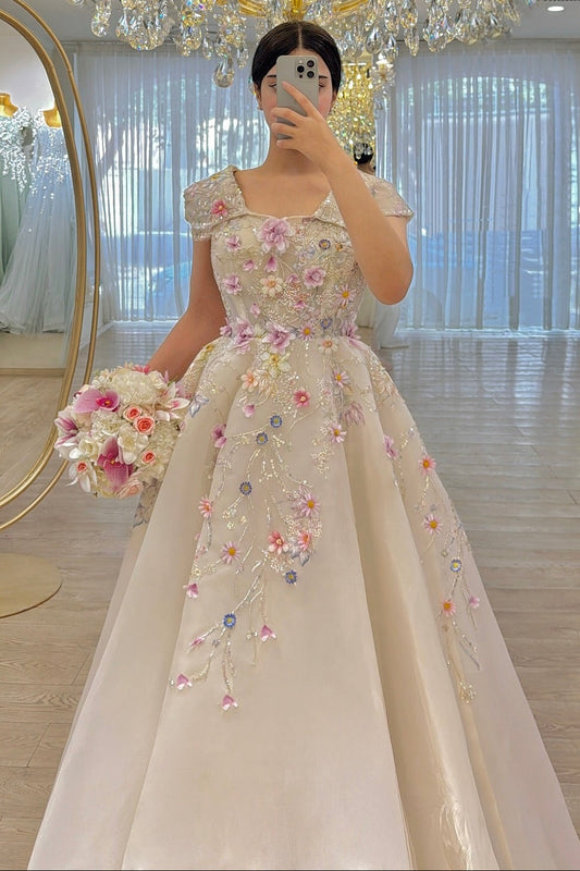 Romantic 3D Flower Cap Sleeve Ball Gown