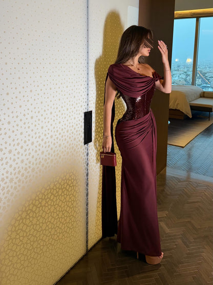 Asymmetrical Sequin Corset Cape Evening Gown