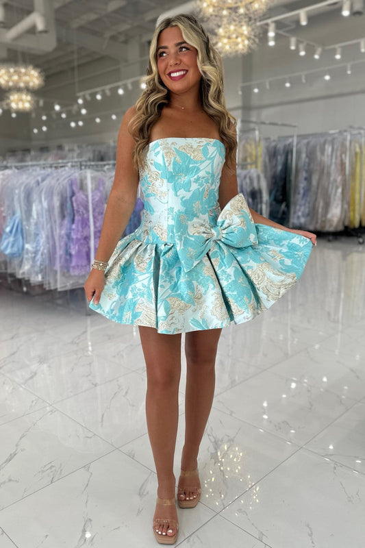 Strapless Floral Jacquard Mini Dress with Bow