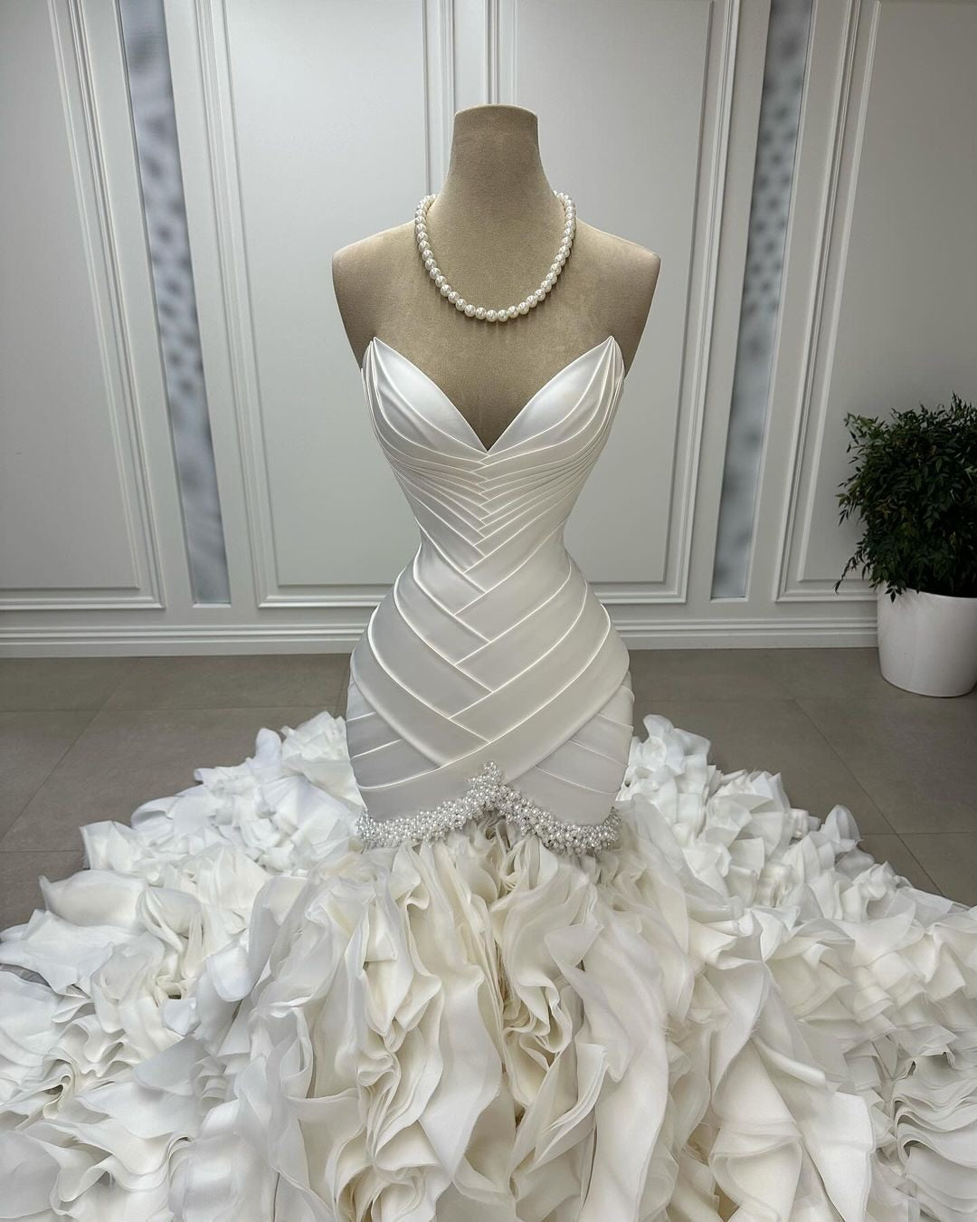Pleated Mermaid Wedding Dress with Ruffled Train