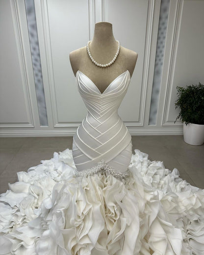 Pleated Mermaid Wedding Dress with Ruffled Train