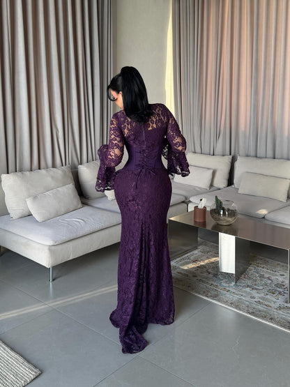 High-Neck Lace Maxi Dress with Corset Waist