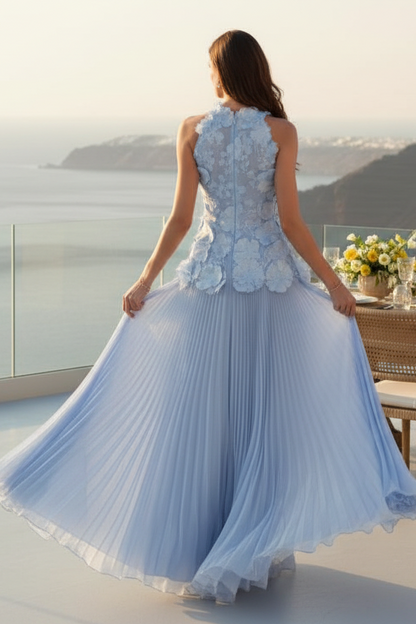 3D Floral Applique Pleated Maxi Evening Gown