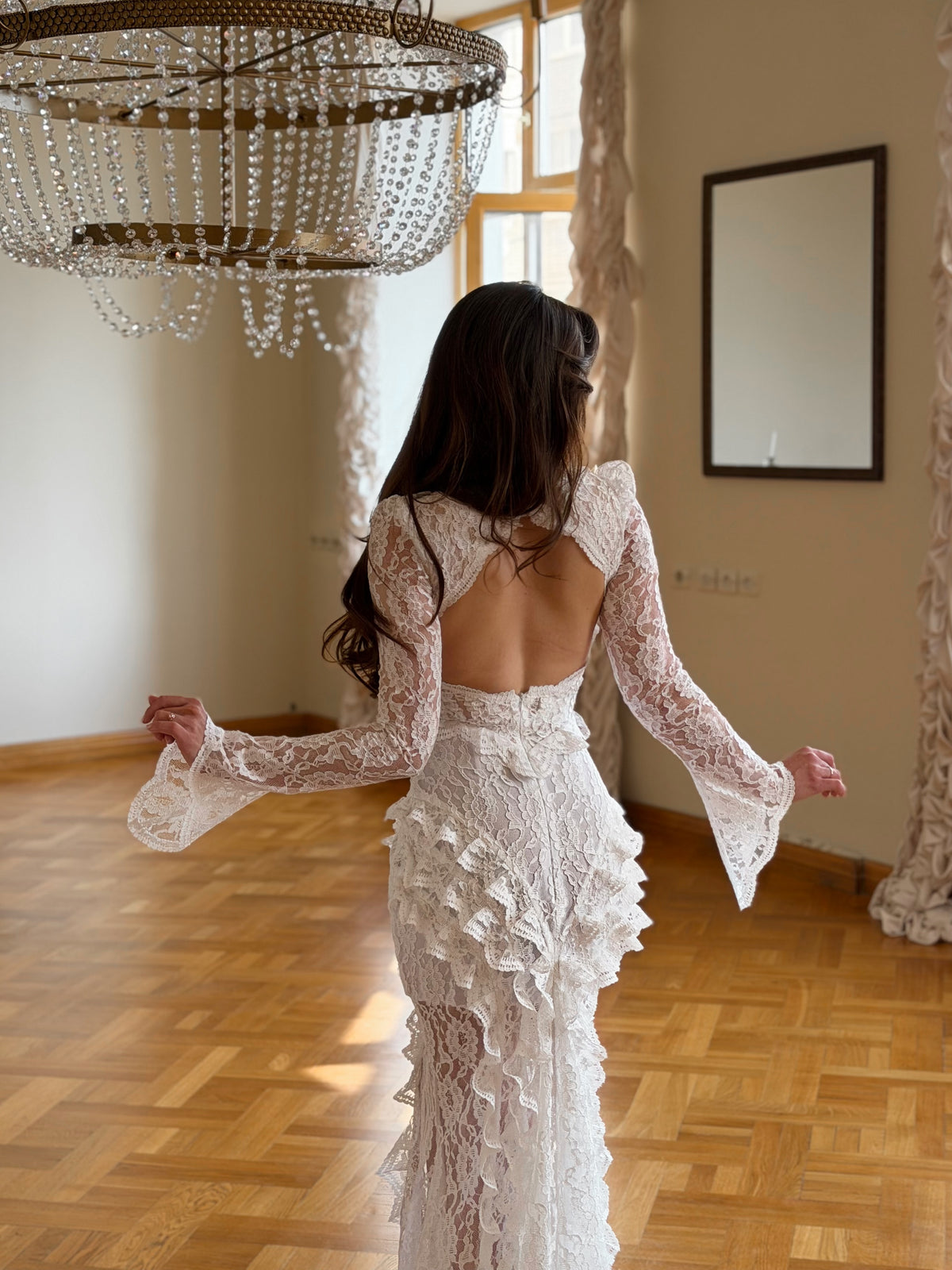 Lace Flared Sleeve Cut-Out Back Ruffle Gown