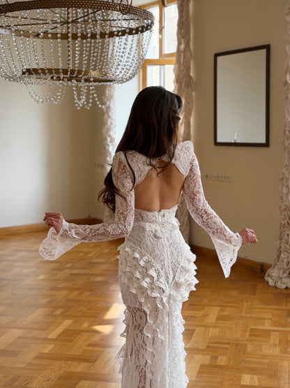 Lace Flared Sleeve Cut-Out Back Ruffle Gown