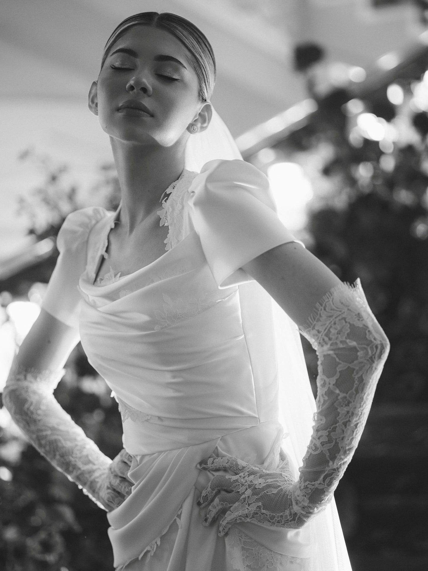Draped Satin Wedding Dress with Lace Trims