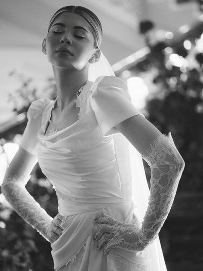 Draped Satin Wedding Dress with Lace Trims