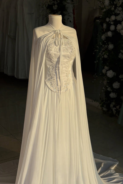 Embroidered Corset Bridal Gown with Sheer Cape