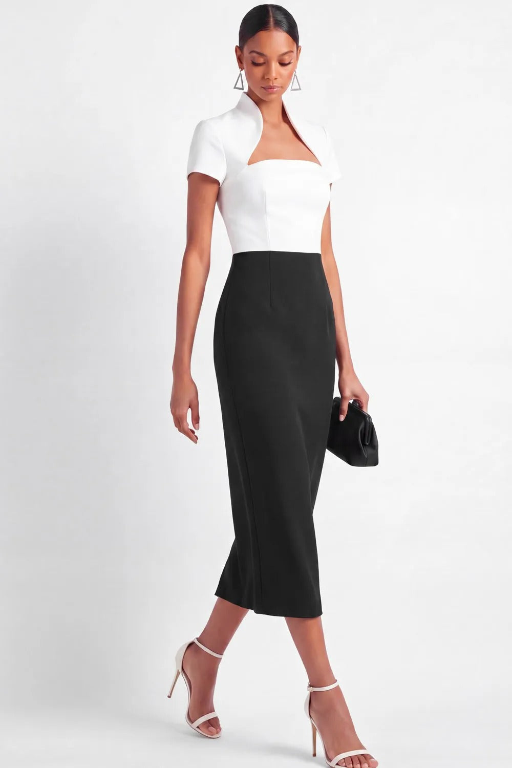 High-Neck Cutout Short-Sleeve Midi Sheath Dress