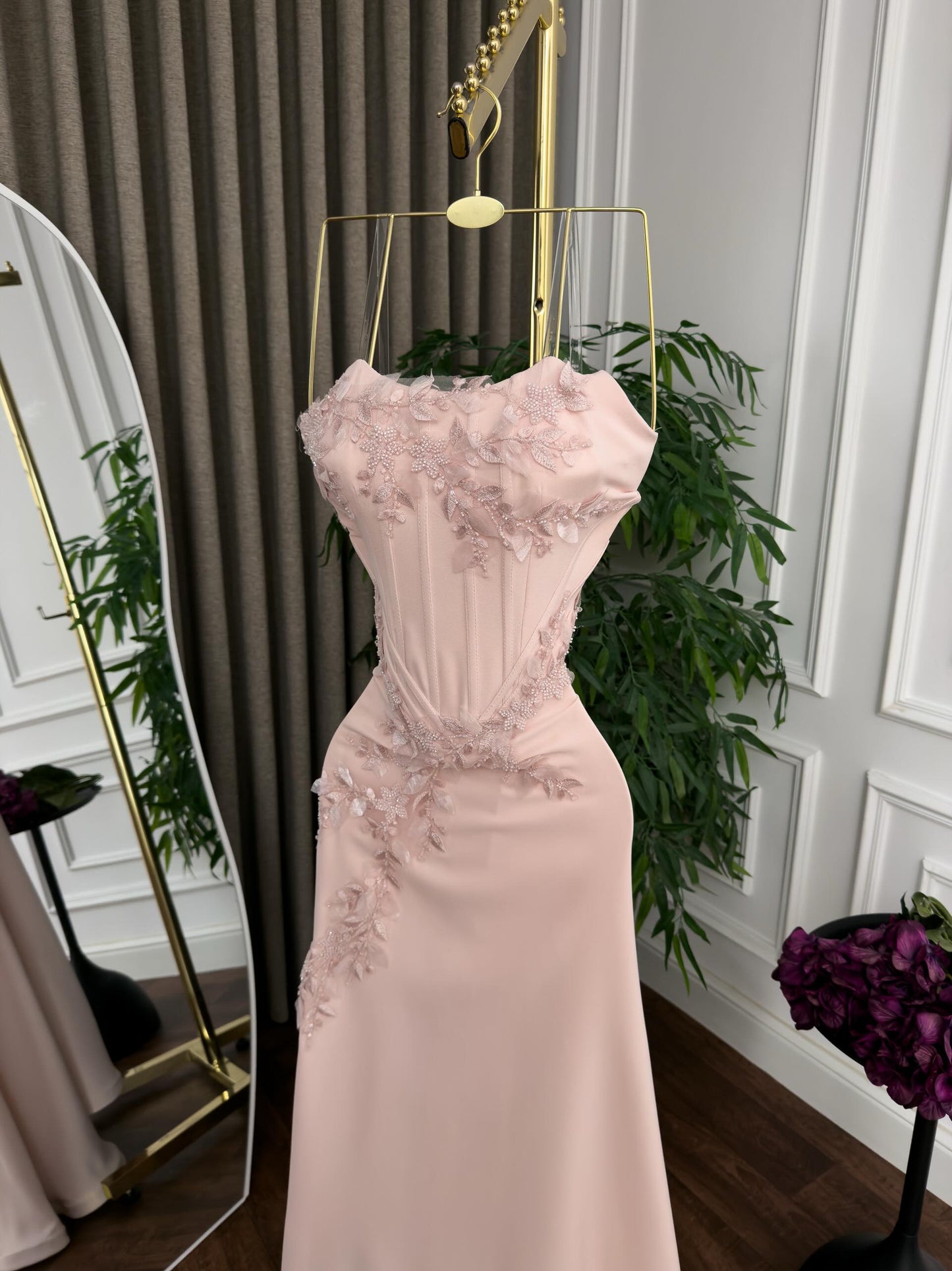 Strapless Corset Gown with Floral Appliques