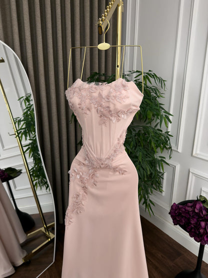 Strapless Corset Gown with Floral Appliques