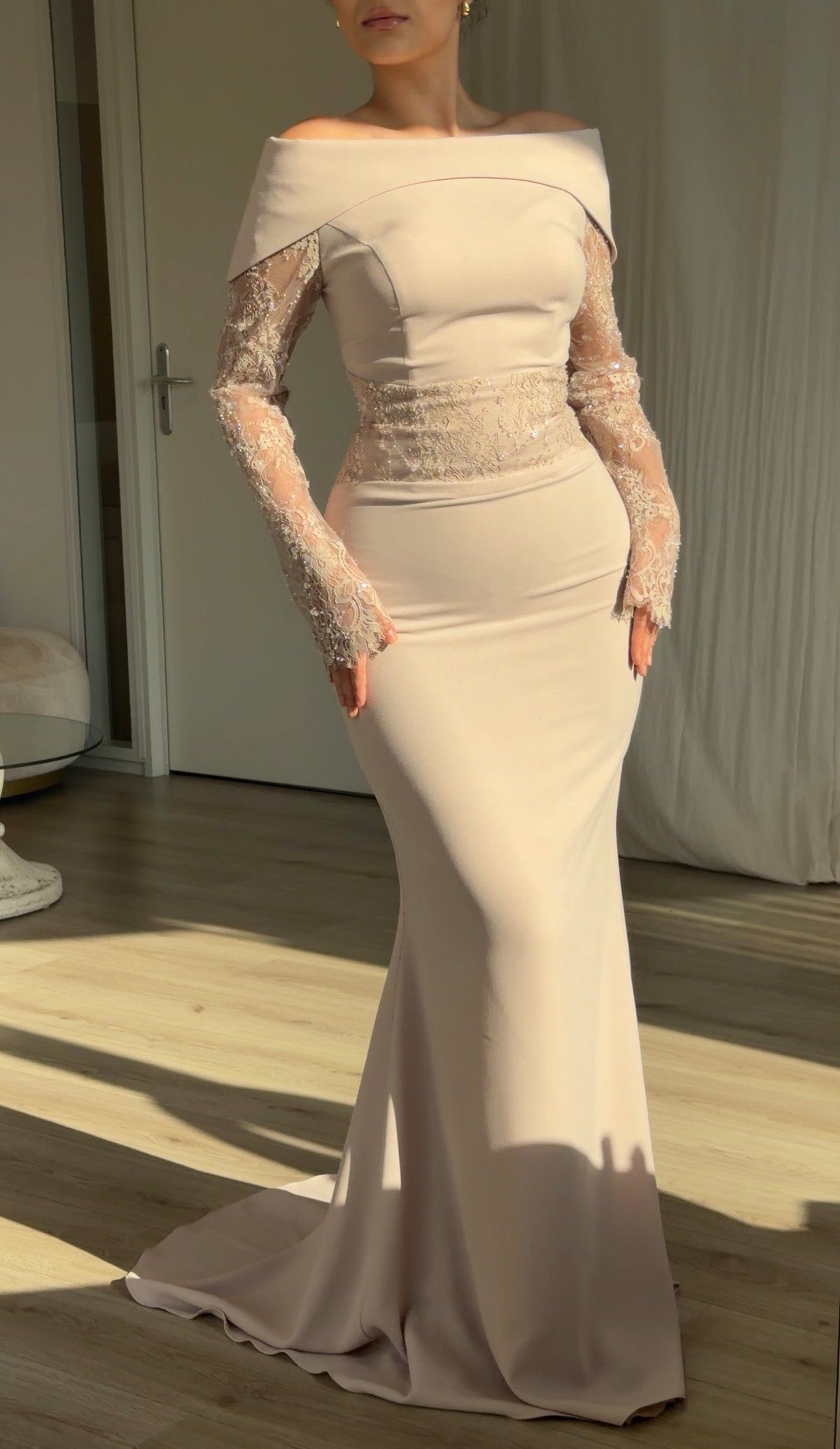 Off-Shoulder Mermaid Gown with Lace Sleeves