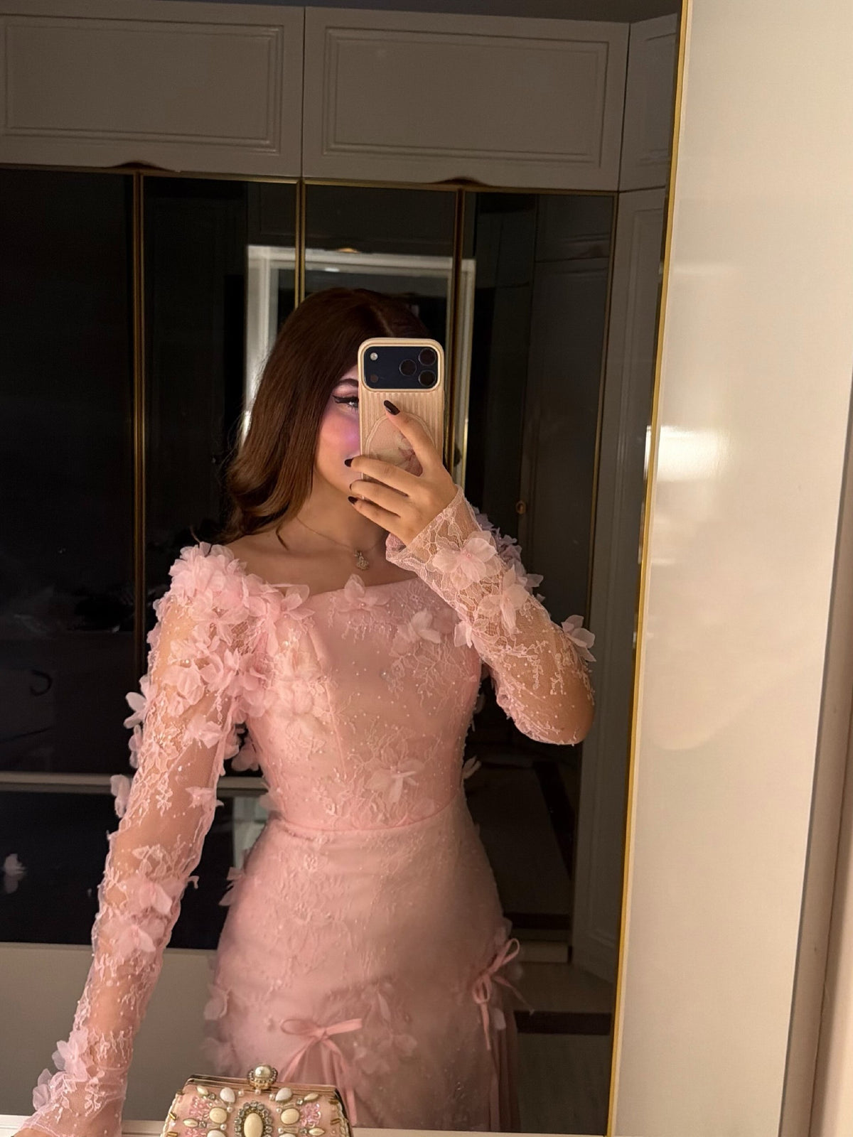 3D Floral Applique Long Sleeve Evening Gown