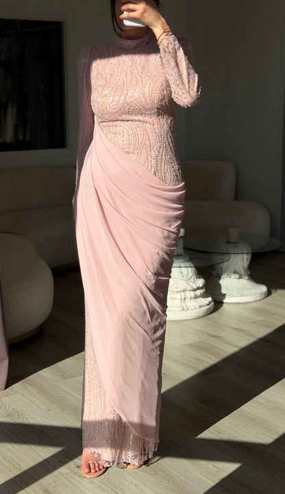 Embellished Long Sleeve Gown with Draped Overlay