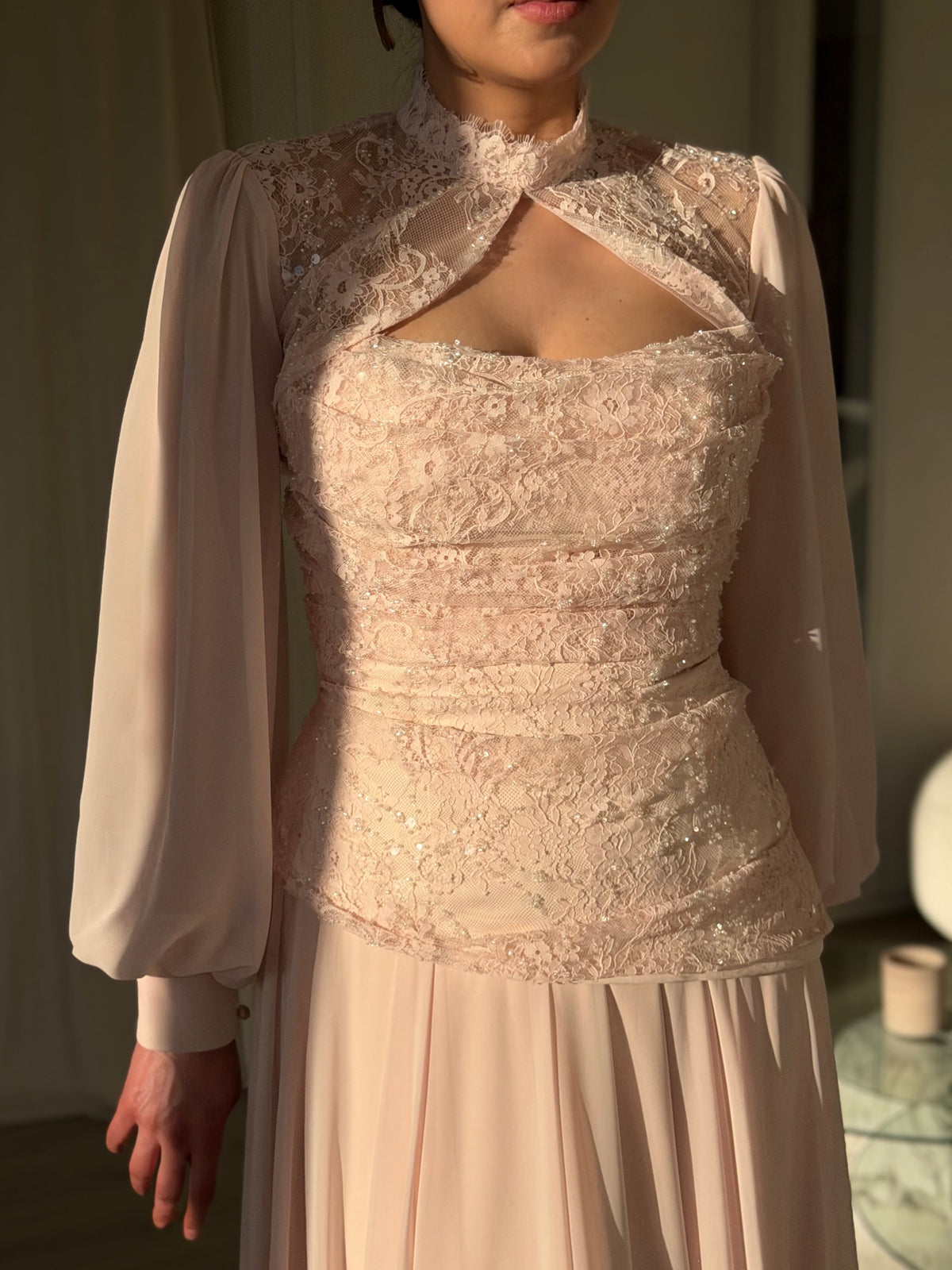Embellished Lace & Chiffon Gown with Bishop Sleeves