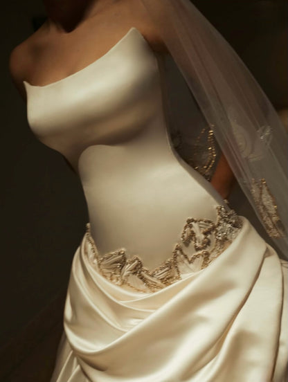 Strapless Satin Ball Gown Wedding Dress with Pick-Up Skirt