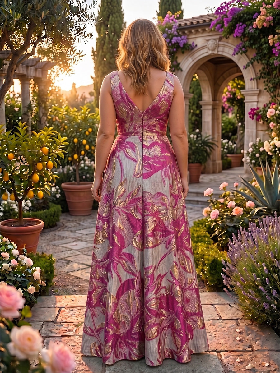 Metallic Jacquard V-Neck Evening Gown