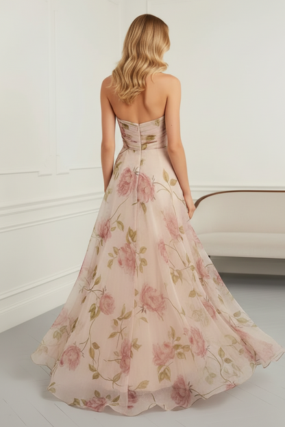 Strapless Floral Chiffon A-Line Gown