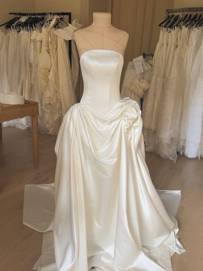 Strapless Satin Ball Gown Wedding Dress with Side Draping