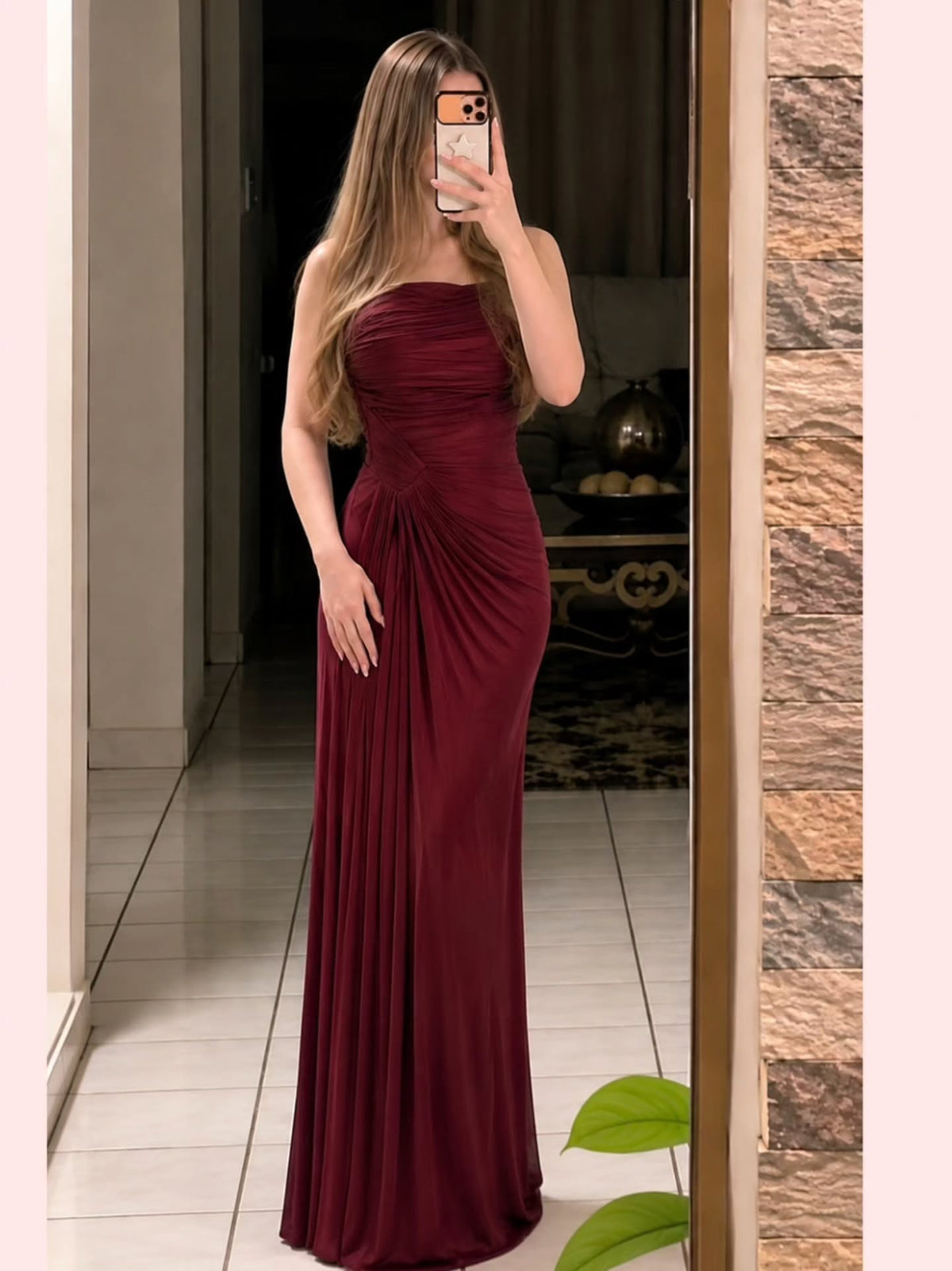 Strapless Ruched Maxi Dress with High Slit
