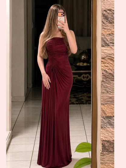 Strapless Ruched Maxi Dress with High Slit