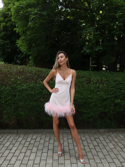 Satin Slip Mini Dress with Feather Hem