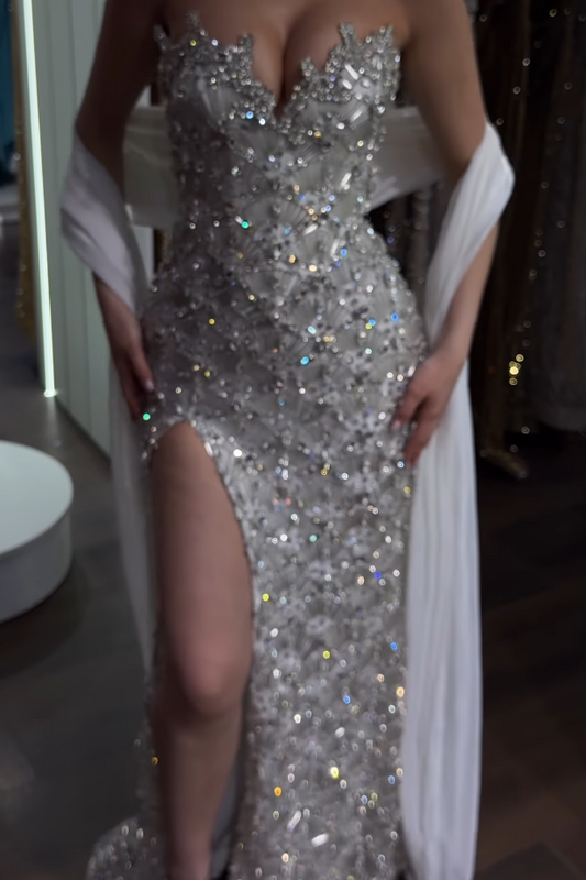 Strapless Crystal Embellished High Slit Gown with Shawl