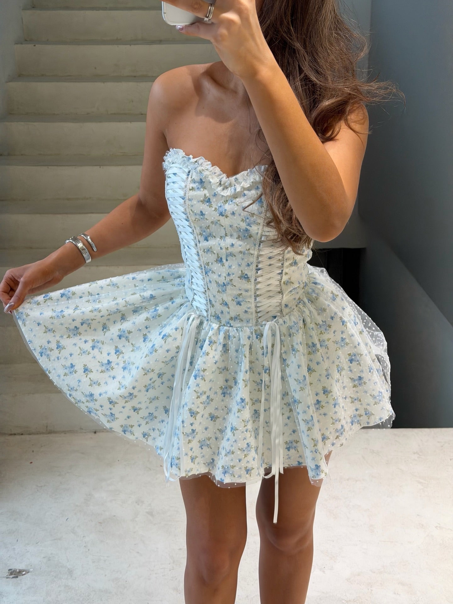 Floral Strapless Corset Fit and Flare Mini Dress