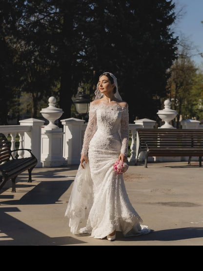 Off-Shoulder Lace Mermaid Wedding Dress with Long Sleeves