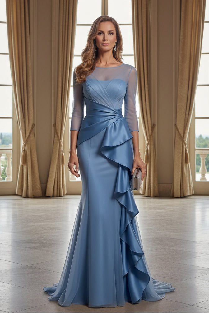 Illusion Sheer Neckline Mermaid Gown with Cascading Ruffles
